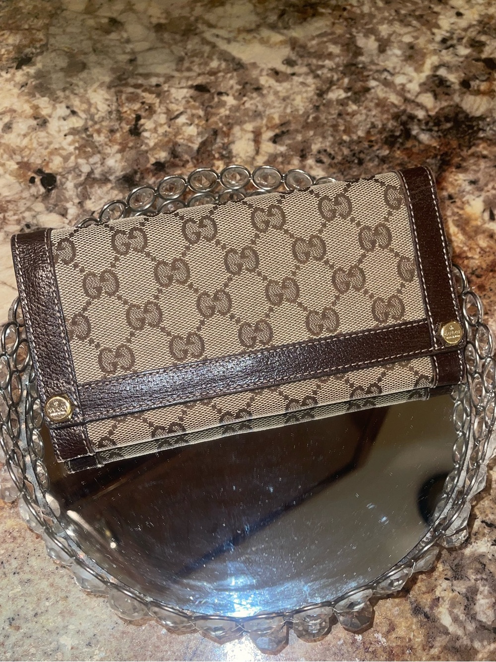 Gucci Brown Monogram Trifold Wallet with Dark Brown Trim